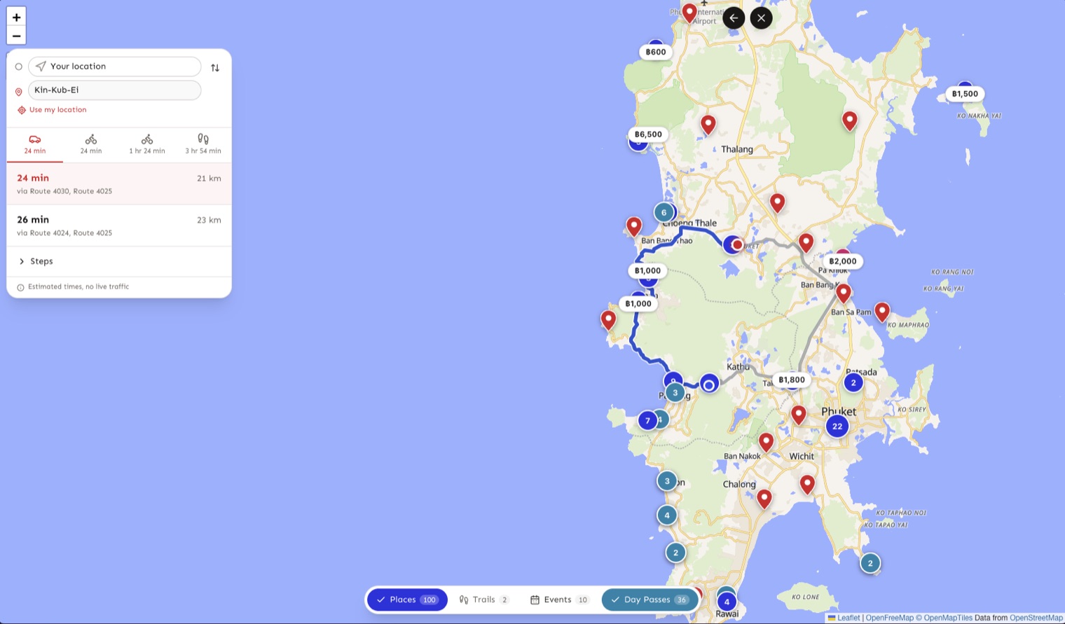 Thailand Stuff's Phuket map giving GPS directions, with restaurant, trail, event and day-pass pins