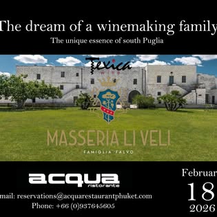 Promotional poster for a Puglia winemaking dinner at Acqua, an Italian restaurant in Patong, Phuket