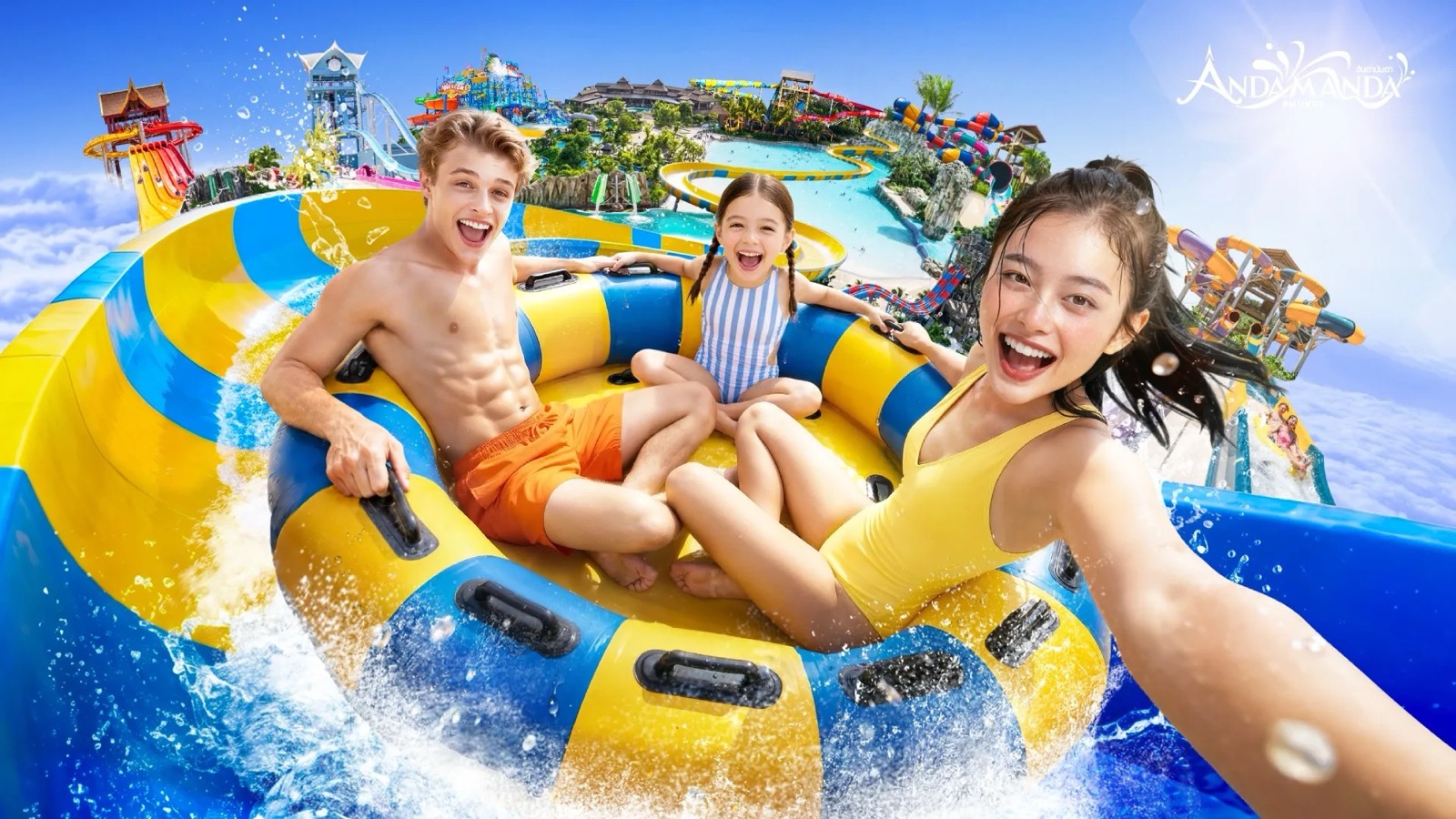 Andamanda Phuket water park, a family on a raft slide with the park behind, Kathu