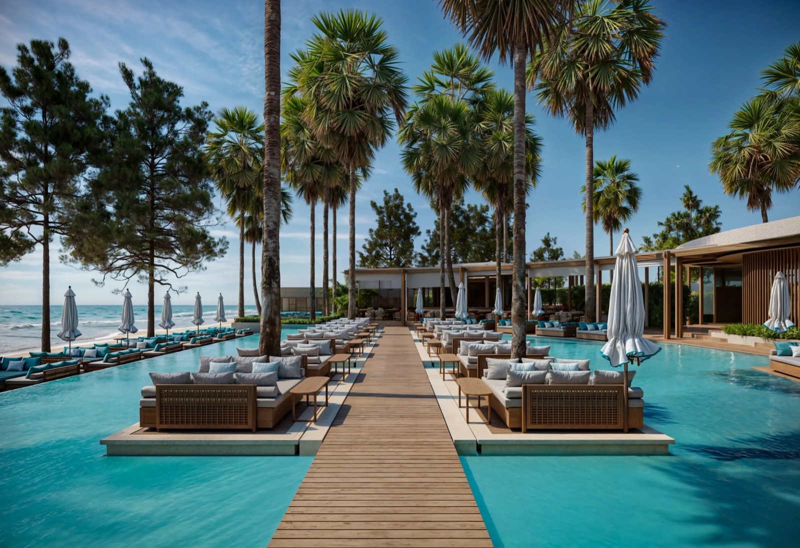 Twin pools and day beds at Barra Cuda Beach Club, Patong Beach, Phuket