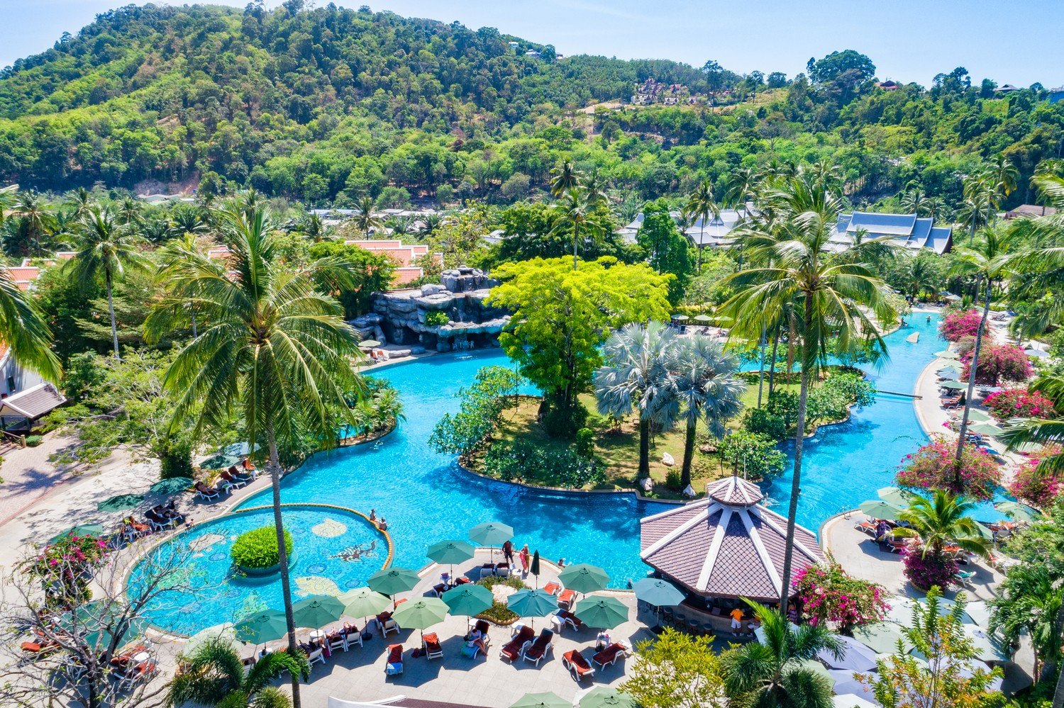 Aerial view of the huge pool and gardens at Duangjitt Resort & Spa, Patong