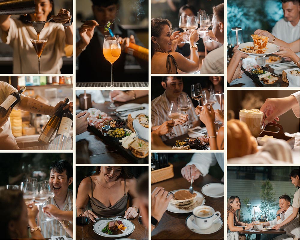 Collage of diners toasting wine, cocktails and charcuterie plates at Five Olives Italian restaurant, Bang Tao Phuket