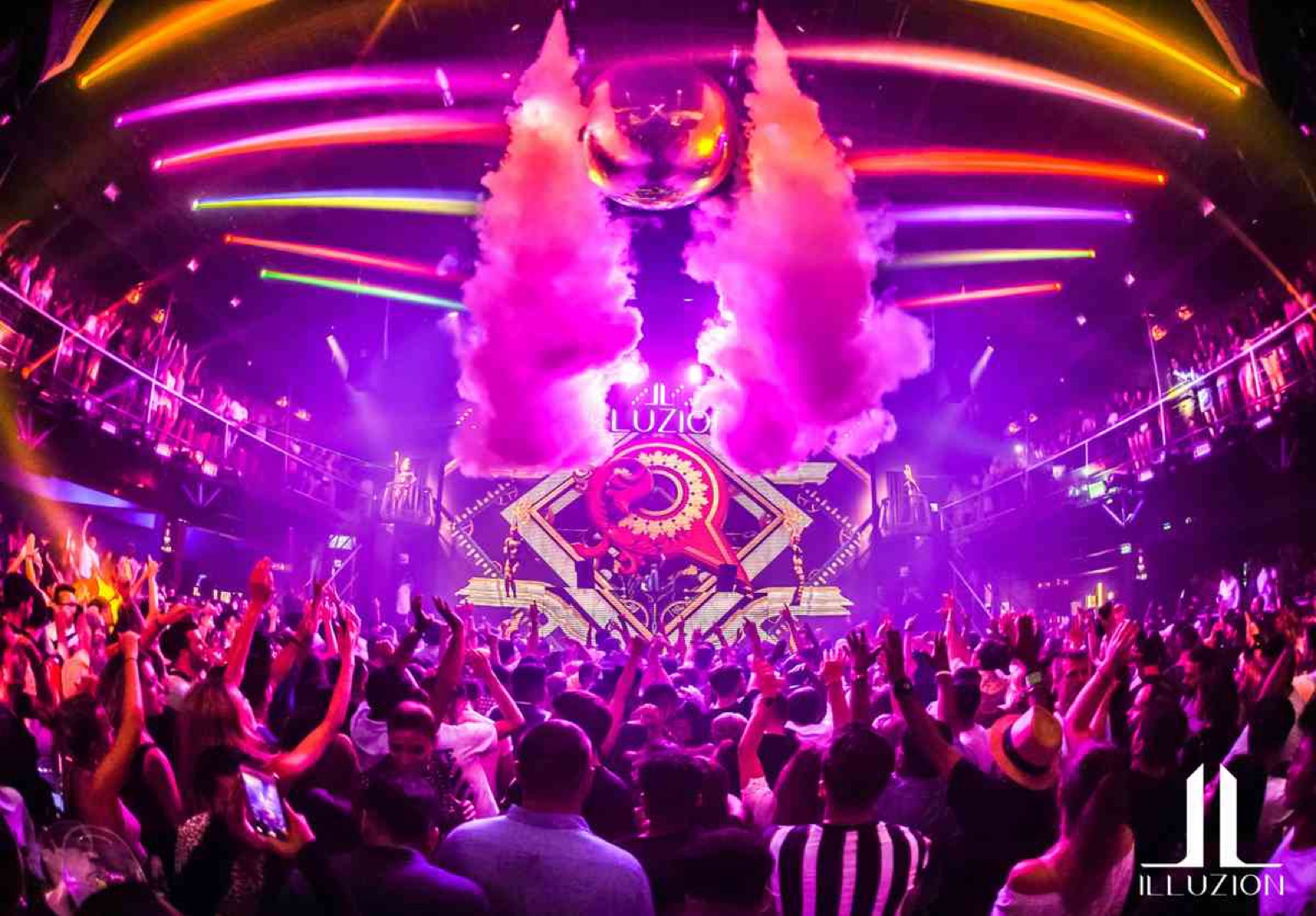The main dance floor and LED stage at Illuzion, the biggest nightclub in Phuket, packed with a crowd on Bangla Road, Patong