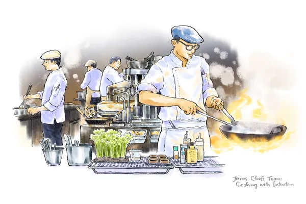 Illustration of the Jaras chef team cooking over wok flames in the kitchen at this Thai contemporary restaurant in Kamala, Phuket