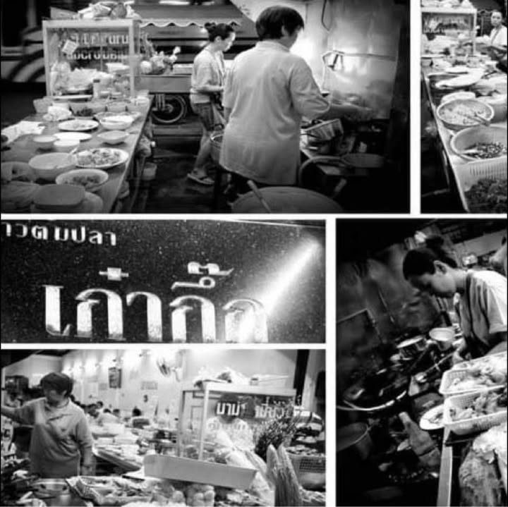 Black and white collage of cooks, food trays and the signboard at Krua Kao Kuk, Southern Thai restaurant in Old Town, Phuket