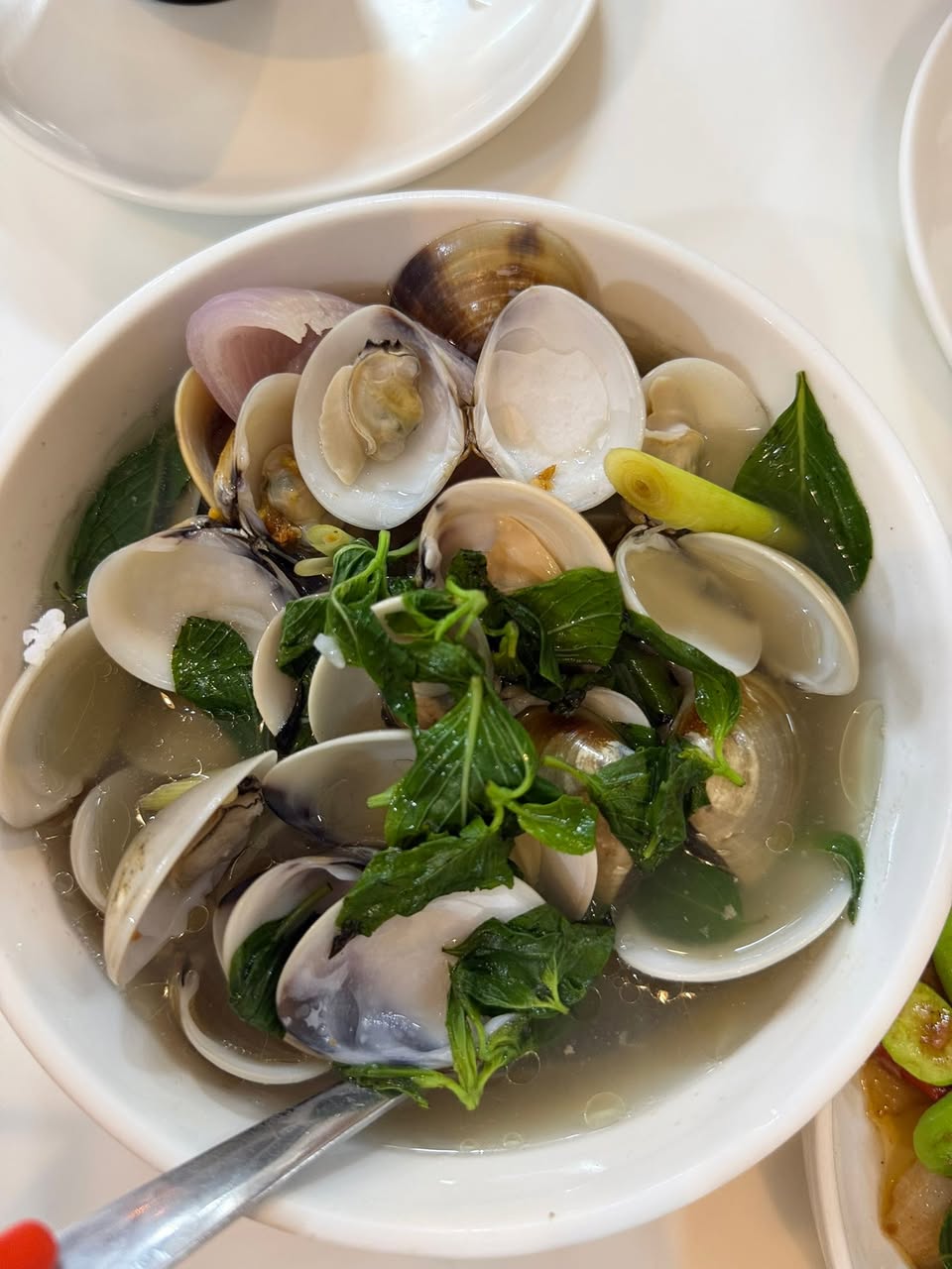 Bowl of steamed clams with Thai basil and lemongrass in a light broth at Lertrod, Thai restaurant in Bang Tao, Phuket