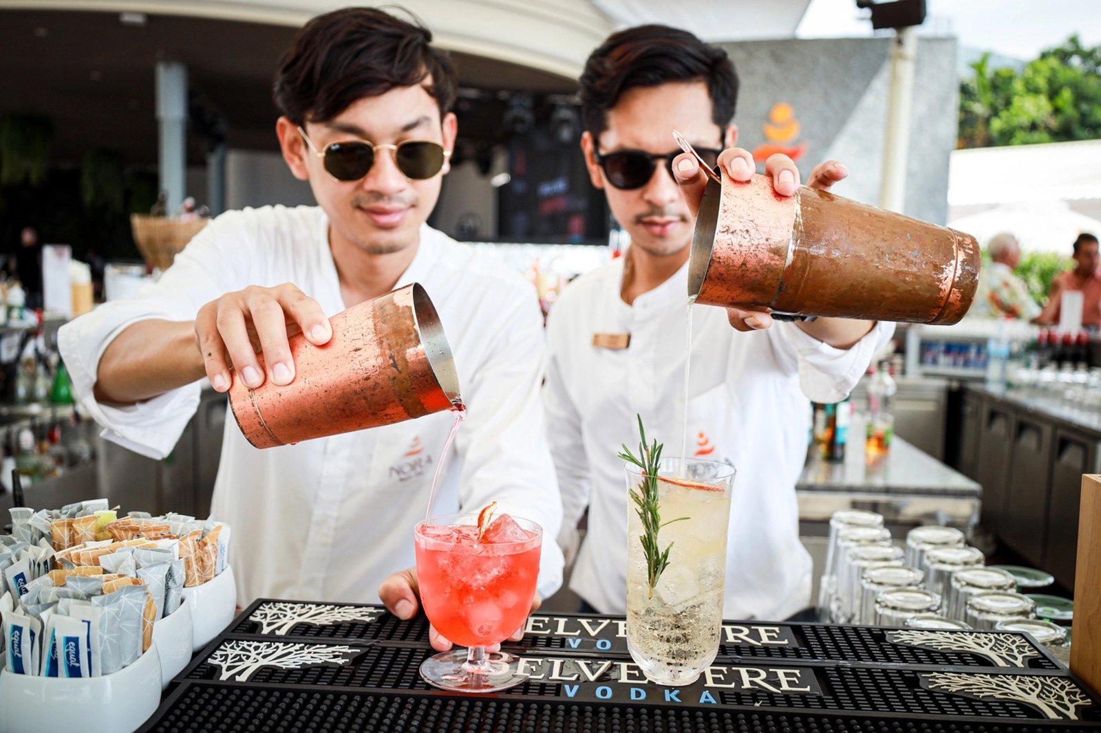Cocktails being made at the bar, NORA Beach Club, Phuket
