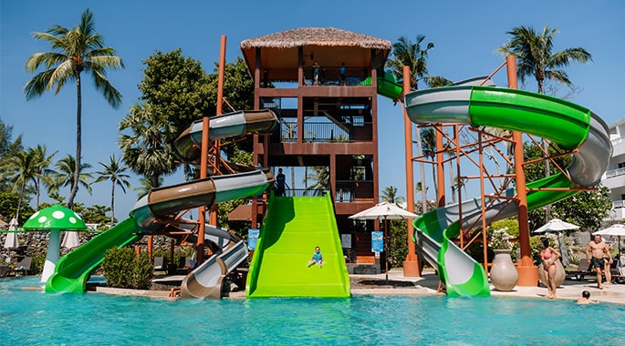 The four-story-high waterslides at Thavorn Palm Beach Resort, Karon, Phuket