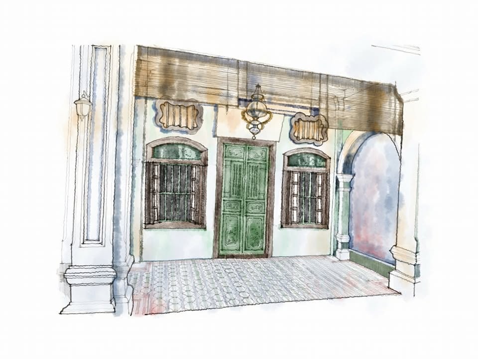 Watercolour illustration of a Sino-Portuguese shophouse facade with green door at The Charm Dining Gallery, Old Town, Phuket