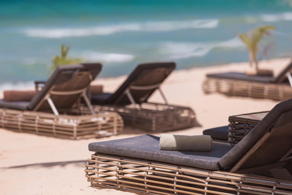 Beach sunbeds at The Lazy Coconut, Bang Tao Beach, Phuket