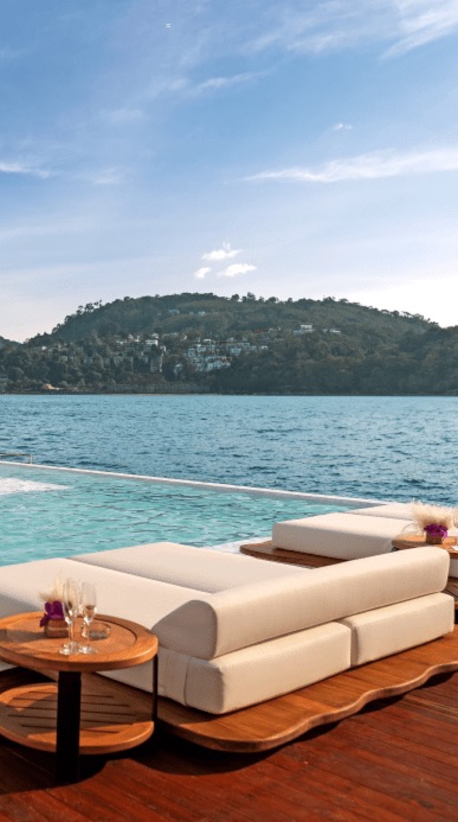 The floating platform and infinity pool deck at Yona Floating Beach Club, Phuket